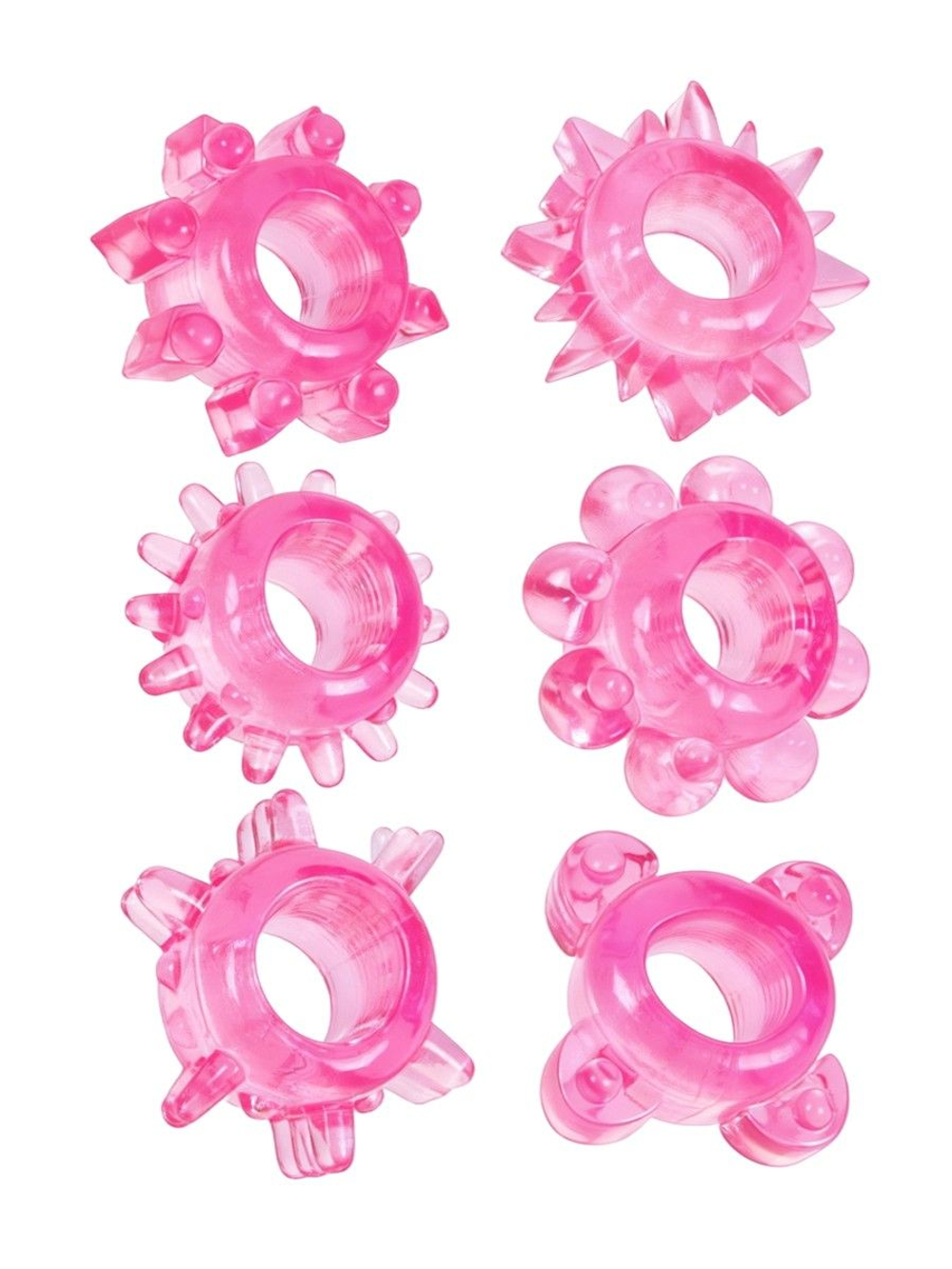 Набор из 6 розовых эрекционных колец с различным рельефом (Цвет: розовый)