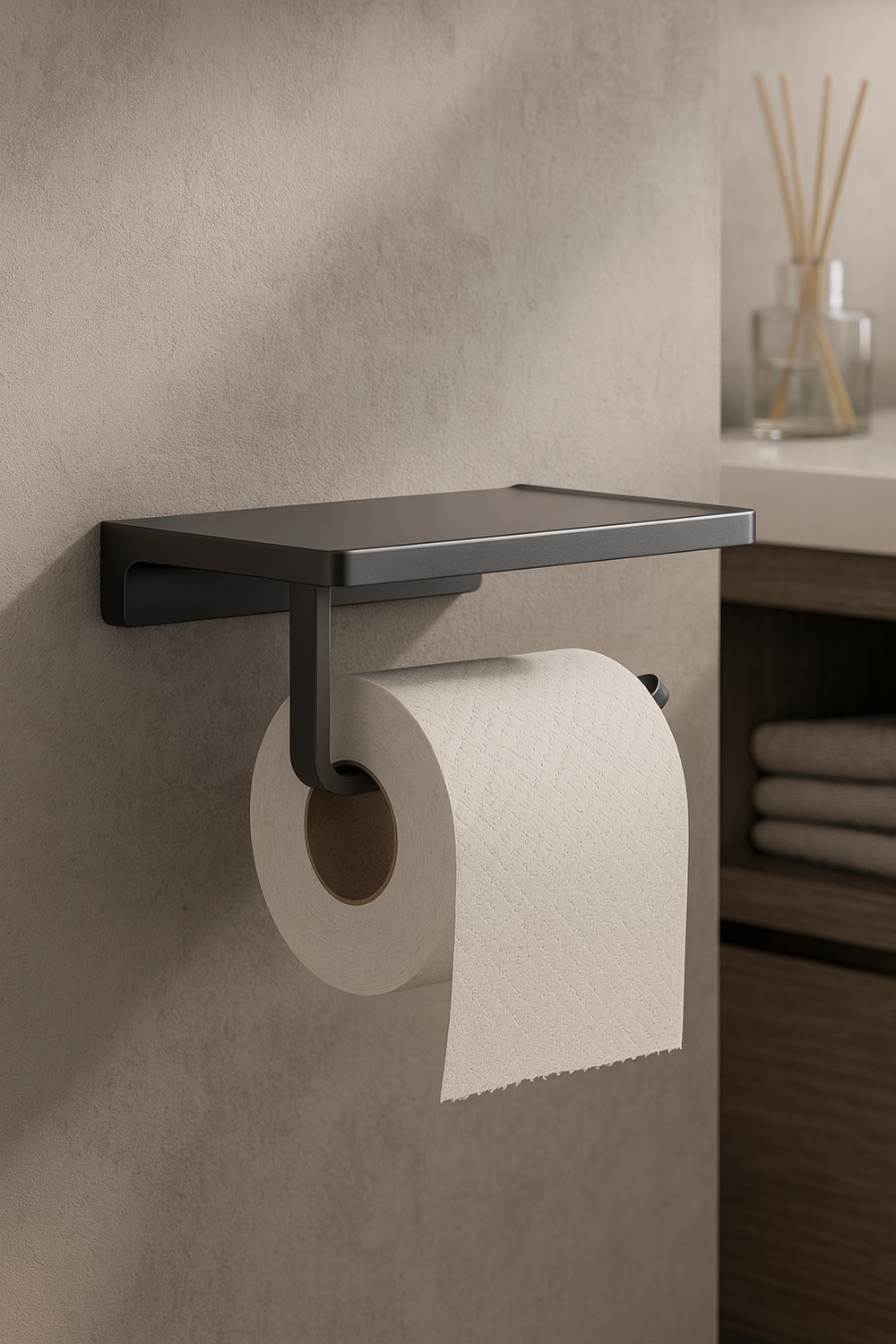 Держатель для туалетной бумаги STWORKI Эстерсунд S31345GB настенный, вороненая сталь, с полкой