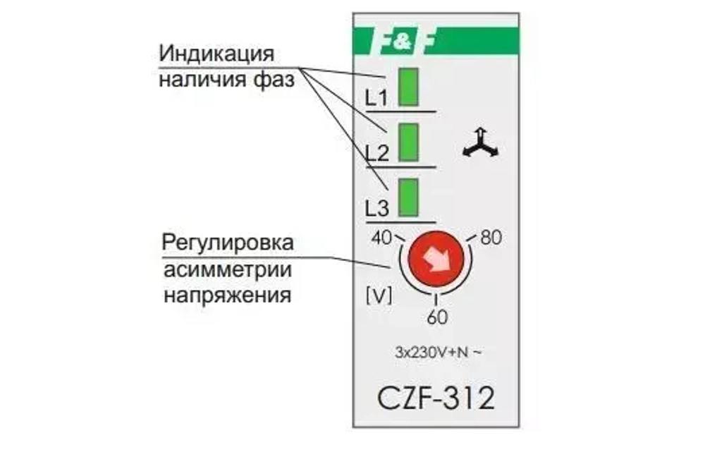 Реле контроля фаз CZF-312 3х400/230+N 2х8А 1Z 1R IP20 регулировка порога, без задержки отключения