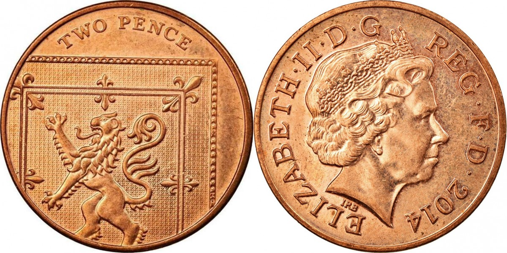 Великобритания 2 пенса, 2008 - 2015 Королева Елизавета II - Щит XF