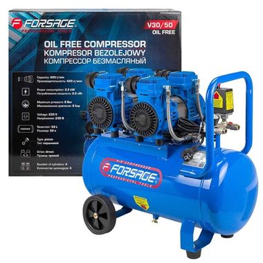Компрессор поршневой с прямым приводом ,4 цилиндра,безмасляный(ресивер 50л, 2.2 кВт, 8 бар, 420л/м, 230В) Forsage F-V30/50 OIL FREE