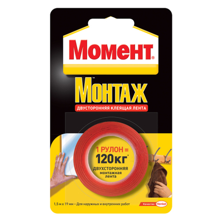 Клейкая лента Момент 1714773 монтажная двусторонняя на 12 кг. 1,5 м.