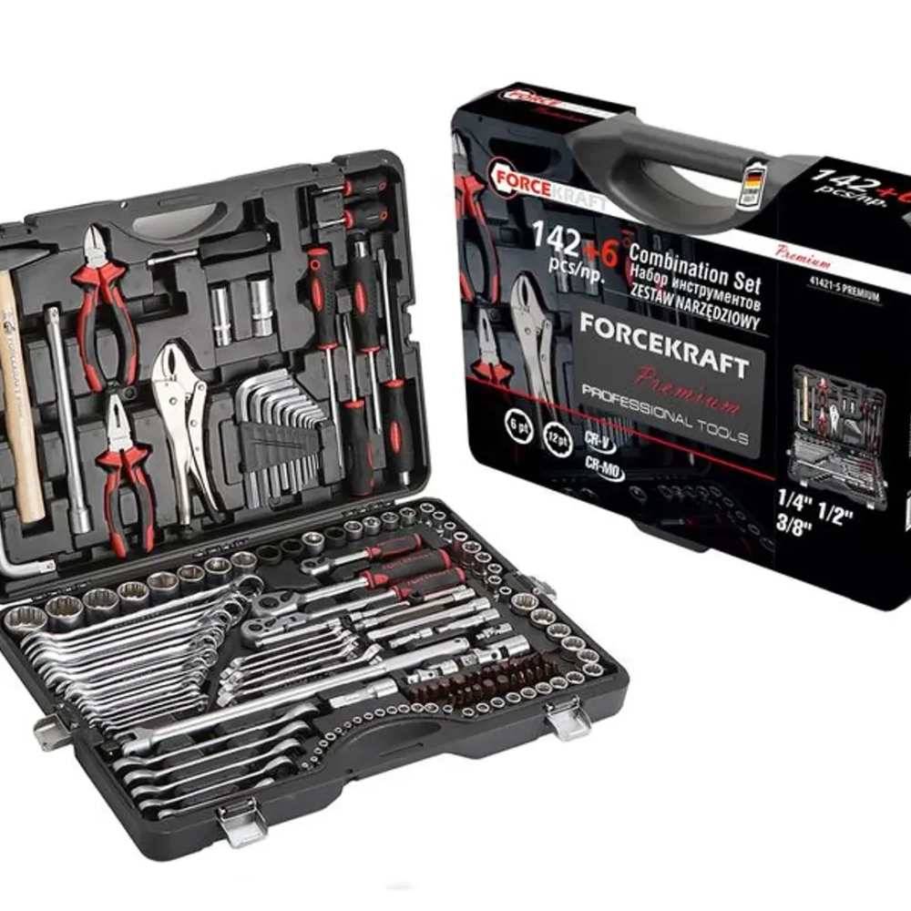 Набор инструментов 142+6пр. 1/4''3/8''1/2''(6-гран.)(4-36мм, 27,30,32,36-12гр.)+(ключи трещоточные:8х10,12х13,14х15,16х17,18х19мм, бокорезы-7'') FORCEKRAFT FK-41421-5 PREMIUM