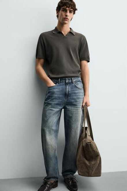 ZARA ПОЛО ИЗ РЕЛЬЕФНОГО ТРИКОТАЖА, ЗЕЛЕНЫЙ/СЕРЫЙ