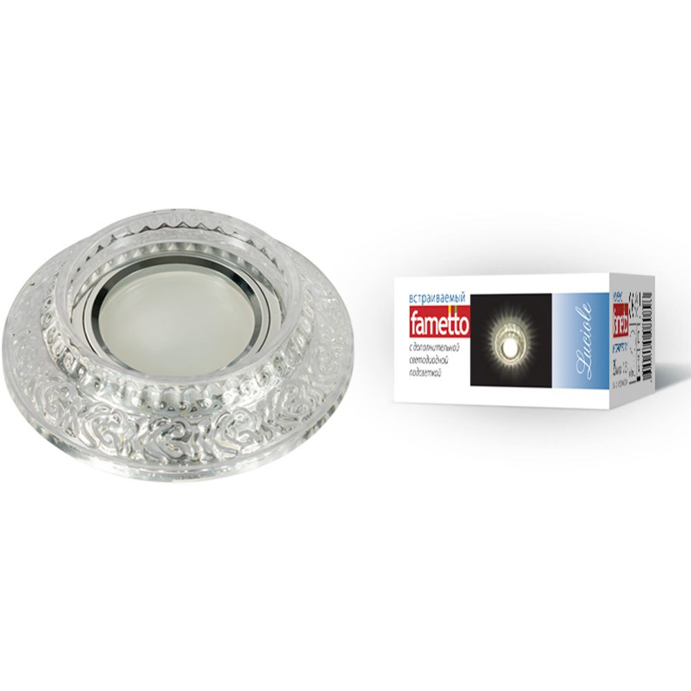 DLS-L105 GU5.3 CHROME/CLEAR Светильник декоративный встраиваемый, серия Luciole. Без лампы, цоколь GU5.3. Доп. светодиодная подсветка 3Вт. Металл/стек