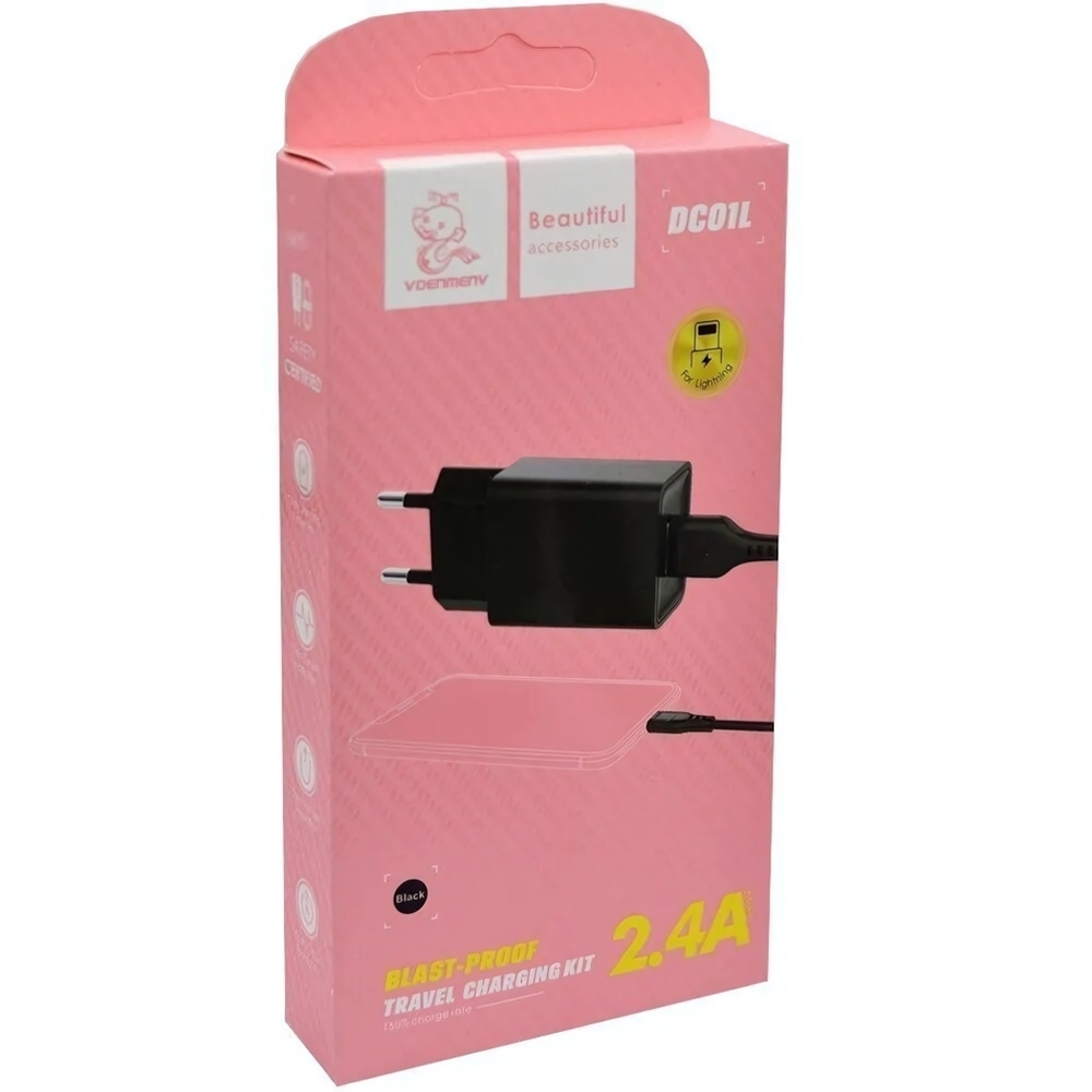 Зарядное устройство DENMEN DC01L 2.4A USB + кабель Lightning Black