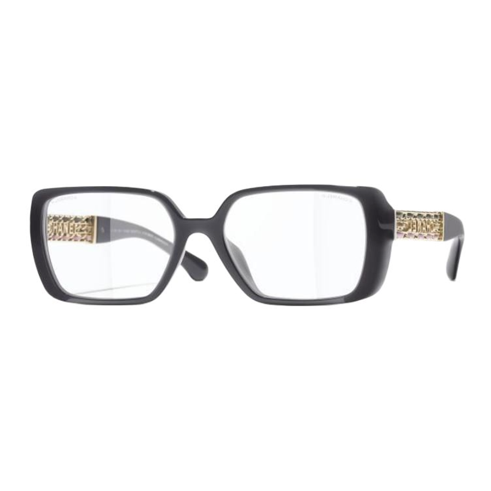 CHANEL Metal Acetate, Calfskin Square Functional Glasses Unisex Black