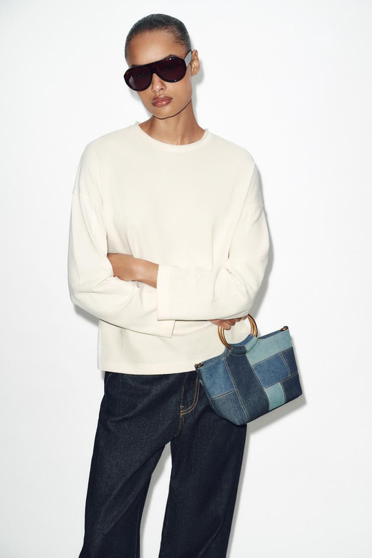 ZARA ФУТБОЛКА С ДЛИННЫМИ РУКАВАМИ, ЖЕЛТОВАТО-БЕЛЫЙ