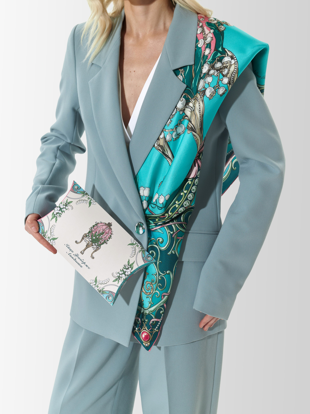 Платок «Яйцо Фаберже Ландыши» 100% шёлк изумрудный