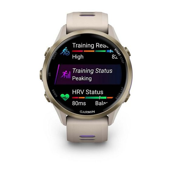 Garmin Forerunner 970 серые, золотистый титановый безель, с серым/индиго ремешком