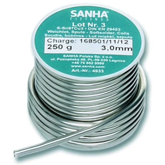 Припой мягкий Sanha №3 - 3.0 мм, 250 г. катушка, S-Sn97Cu3 для медных труб (арт. 84933)