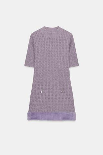 ZARA ПЛАТЬЕ С ФАКТУРНОЙ ОТДЕЛКОЙ И ЭФФЕКТОМ МЕХА, ЛИЛОВЫЙ
