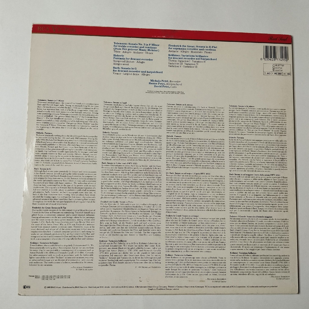 Винтажная виниловая пластинка LP Michala Petri Михала Петри The Virtuoso Recorder (Germany 1988)