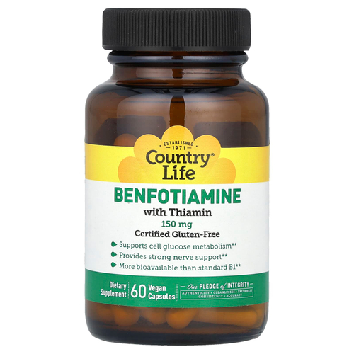 Country Life, Бенфотиамин, с коферментом B1, 150 мг, 60 растительных капсул