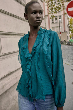 ZARA БЛУЗА С ВОЛАНАМИ, БУТЫЛОЧНО-ЗЕЛЕНЫЙ