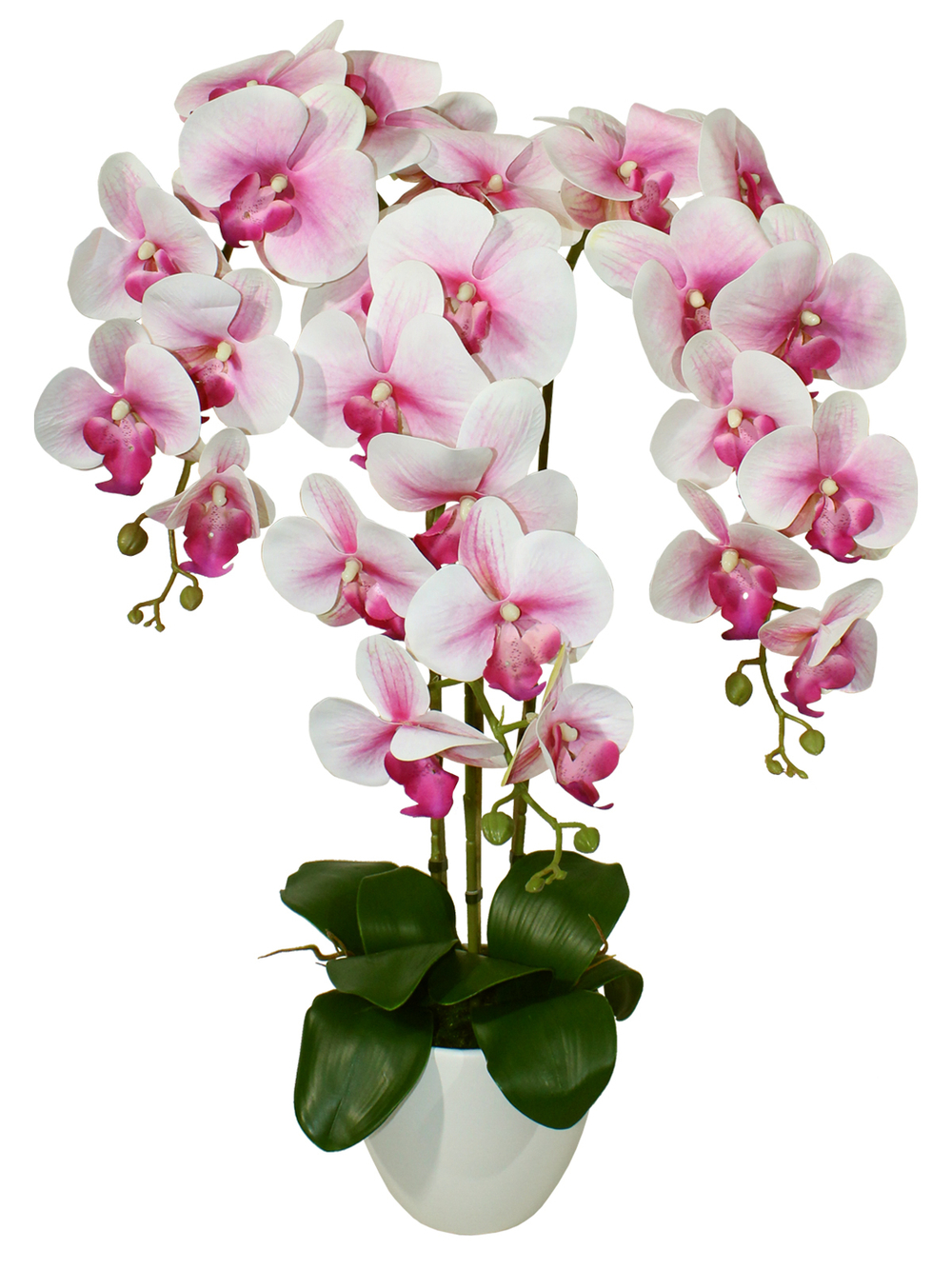 Искусственные цветы Орхидеи 3 ветки бело-лиловые 65см в кашпо