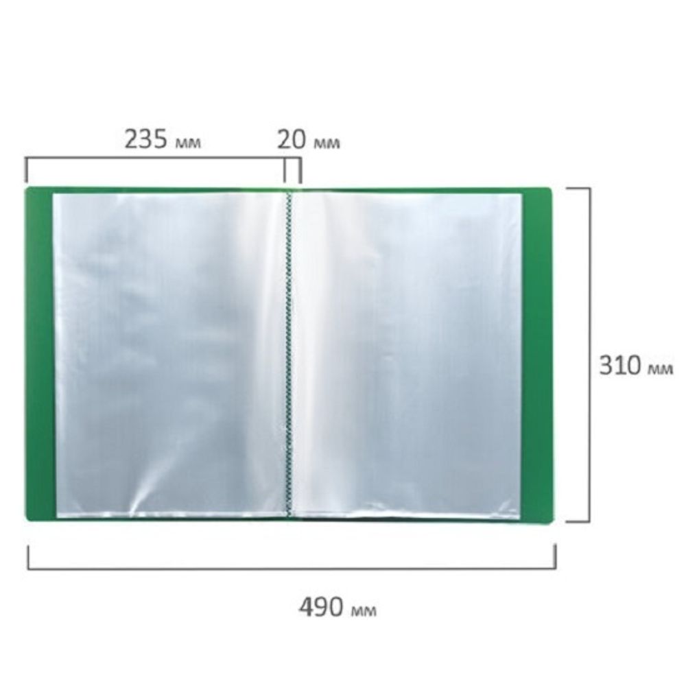 Папка с 30 вкладышами, Brauberg Стандарт, 600мкм, корешок 20мм с карманом, зеленая