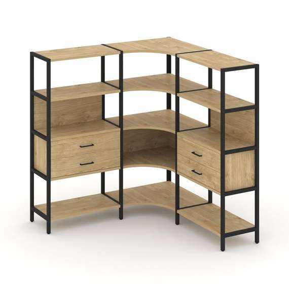 Shelf System Трехсекционный угловой стеллаж четырехярусный с ящиками SN.STMU-431 Тиквуд Светлый/Мета