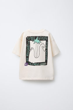 ZARA ФУТБОЛКА С ПРИНТОМ «ПАЛЬМА И СЕРФИНГ», ЭКРЮ