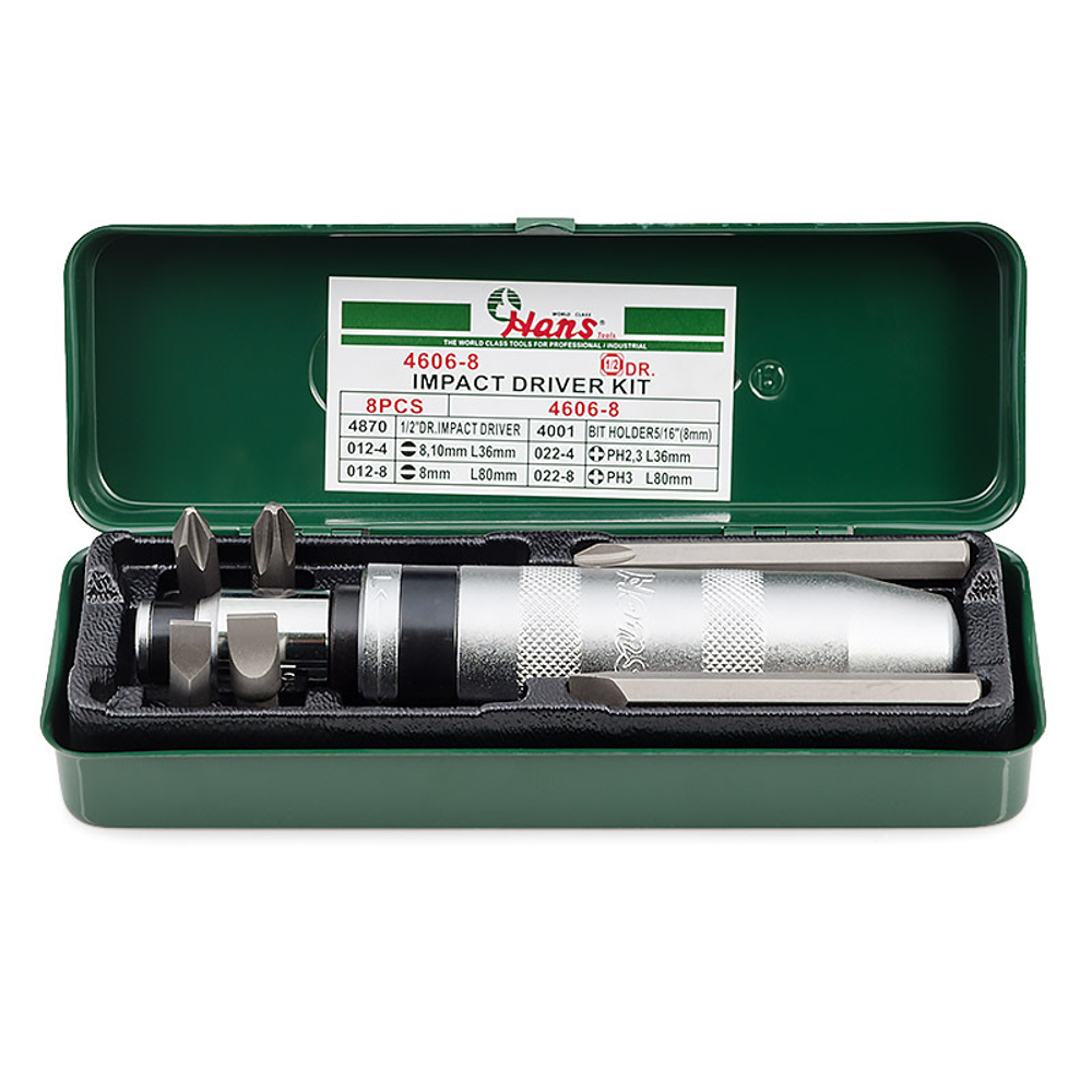 Ударная отвертка с битами 1/2" Hans, 4606-8