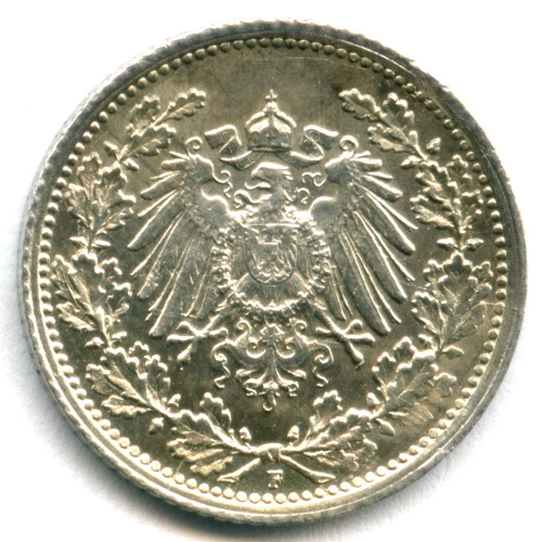 1/2 марки 1918 (F) Германия XF-AU