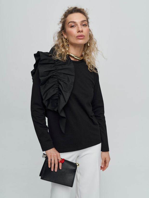 Лонгслив с воланом, черный