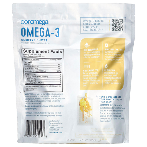 Coromega, омега-3, экстракт омега-3, с витамином D3, тропические фрукты, 120 отдельных пакетиков по 2,5 г