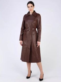 Кожаный тренч длинный с поясом плащ