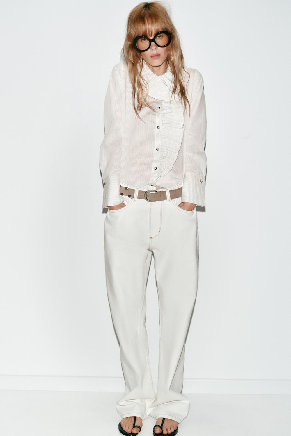 ZARA РУБАШКА В ПОЛОСКУ С ВОЛАНАМИ, БЕЛЫЙ/ЧЕРНЫЙ