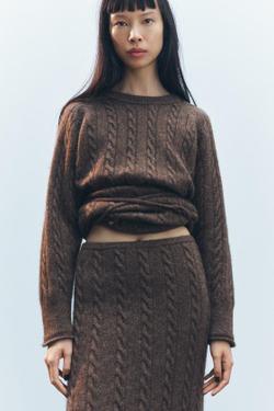 ZARA ЮБКА МИДИ ИЗ СМЕСОВОЙ ШЕРСТИ С УЗОРОМ «КОСЫ», КОРИЧНЕВЫЙ