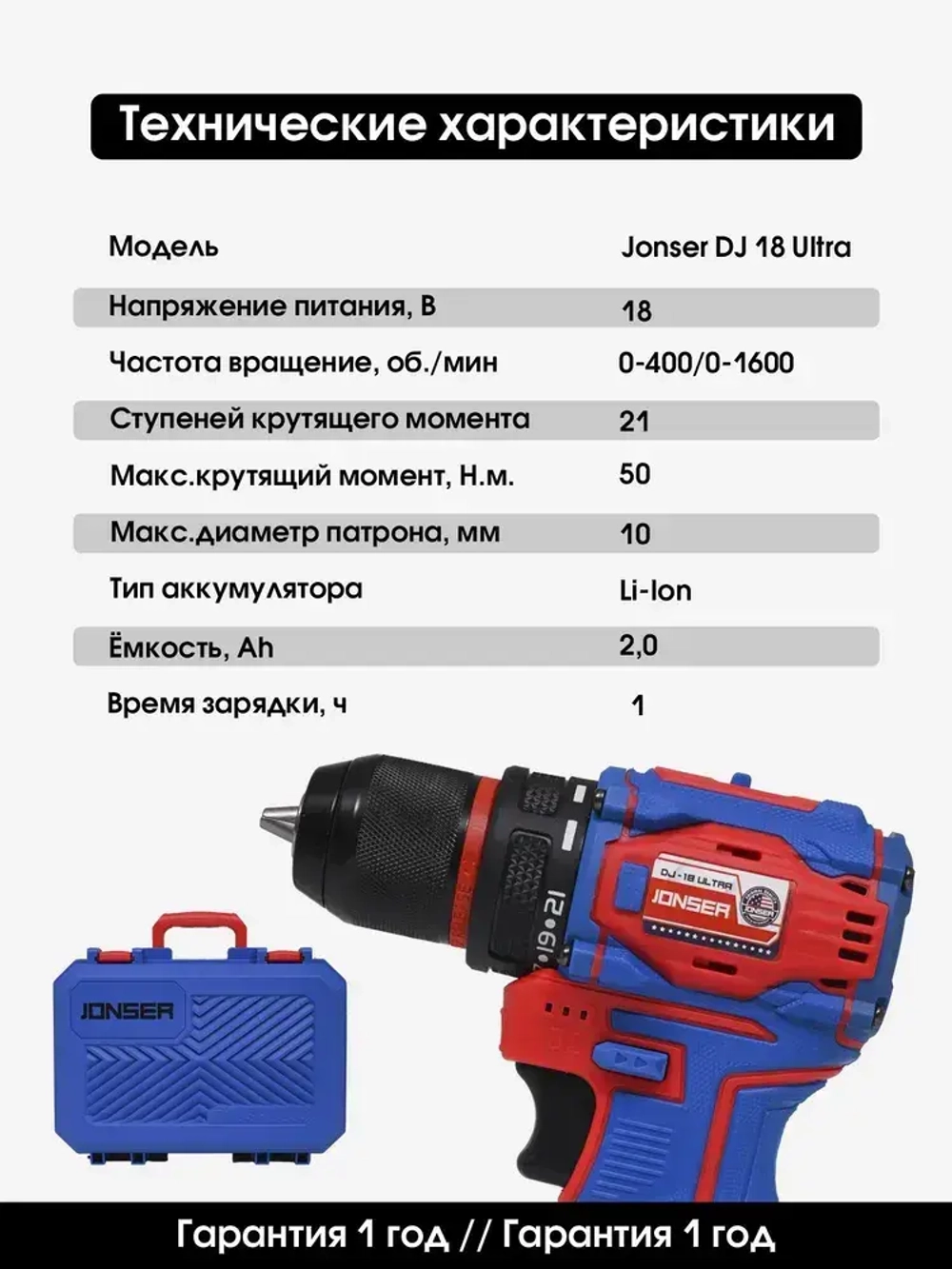 JONSER Дрель-шуруповерт, 18 В, 50 Нм, 2 АКБ