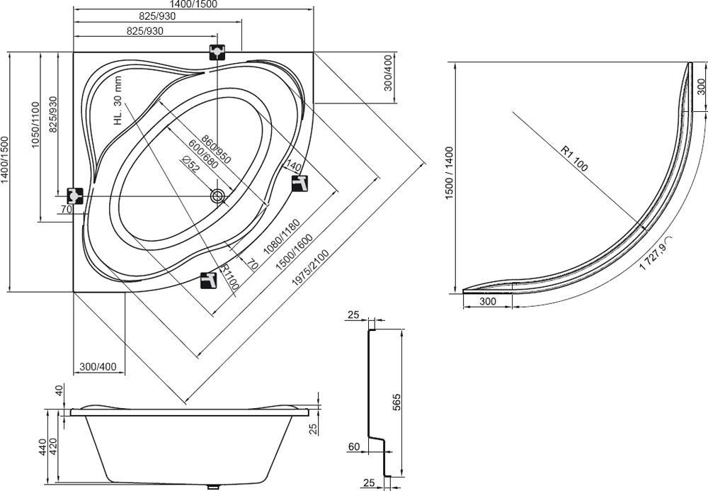 Ванна акриловая Ravak New Day 150x150 C661000000 схема
