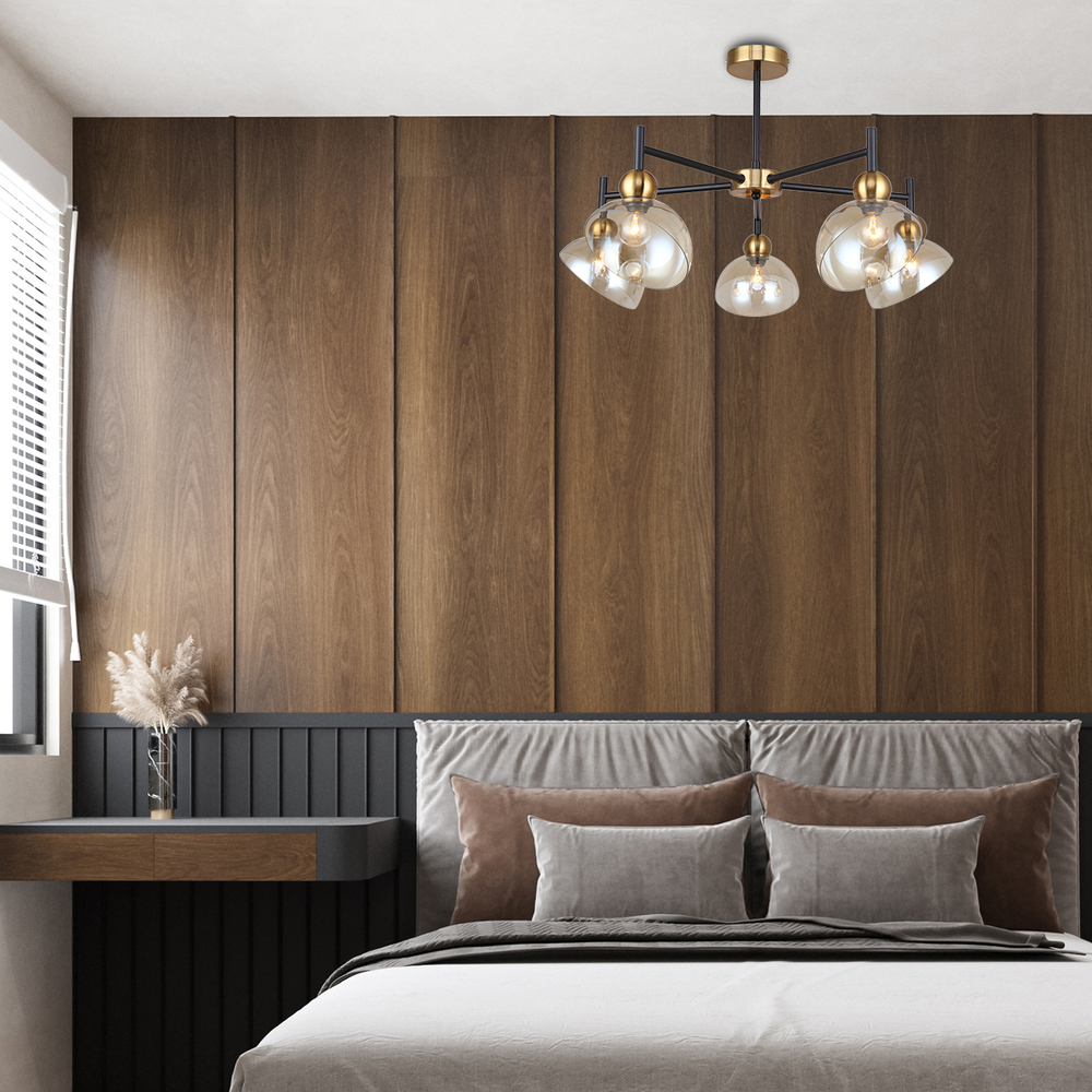 Люстра на штанге 5x40Вт Е14, металл/стекло, черный/бронза, янтарный плафон