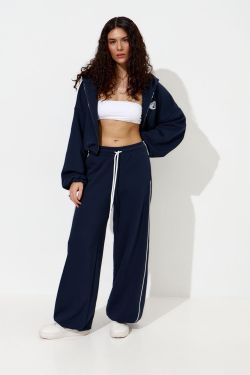Широкие джоггеры без начеса с кантом цвета нейви