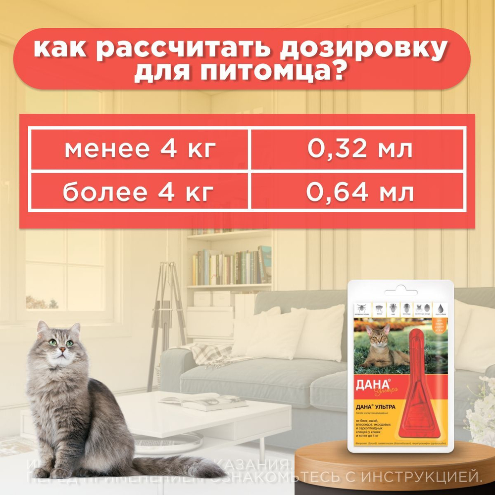 Капли от иксодовых и саркоптоидных клещей и блох Дана Ультра для кошек и котят до 4кг