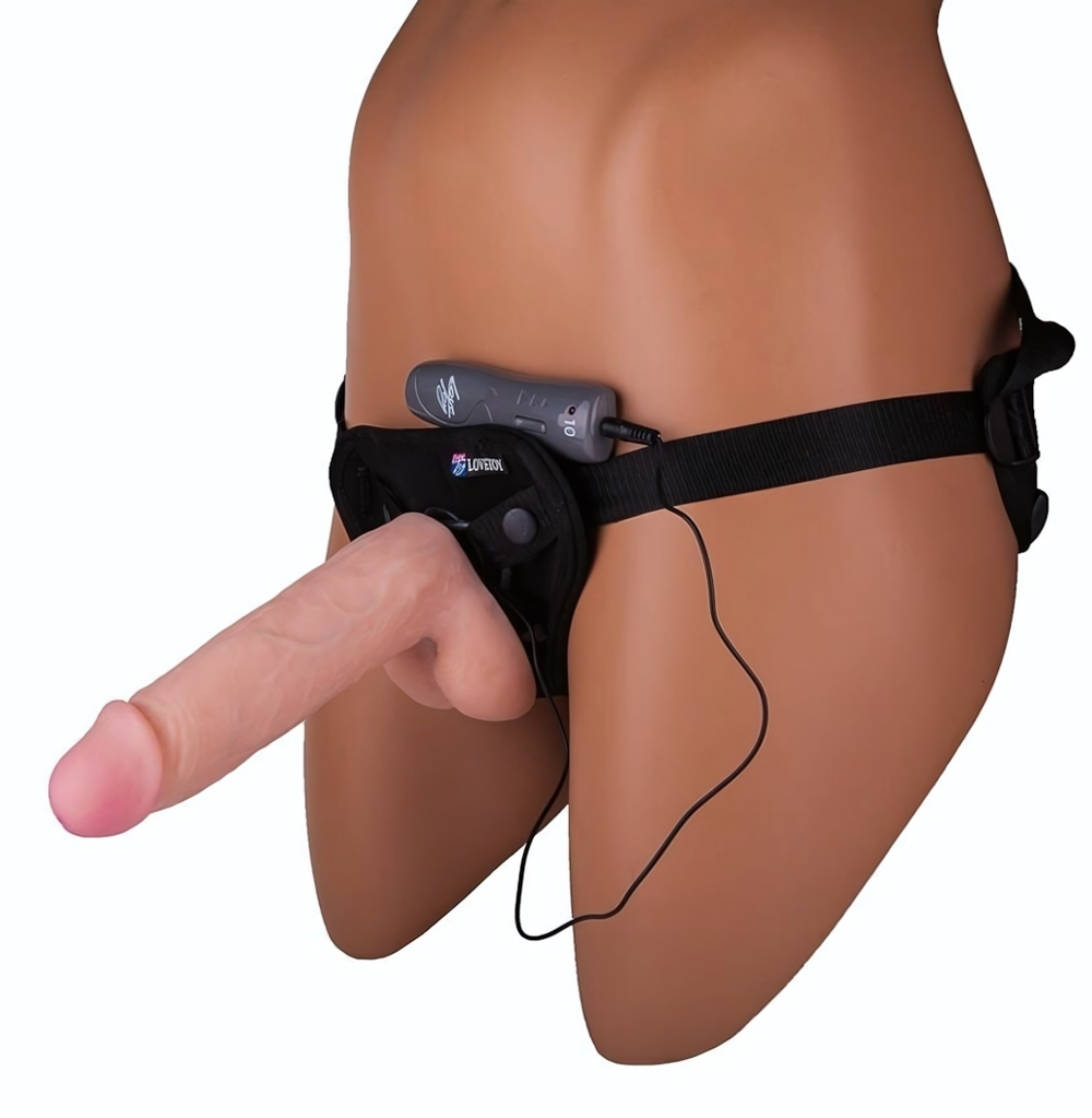 Страпон с 2 насадками и вибрацией UniStrap - 19 и 12 см. (Цвет: телесный с черным)