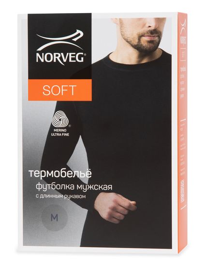 Термобелье мужское футболка Norveg Soft  длинный рукав Знак Woolmark, цвет черный. (15SML1RL003)