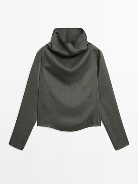 Massimo Dutti Короткая атласная блузка с струящимся лифом - STUDIO, зеленый