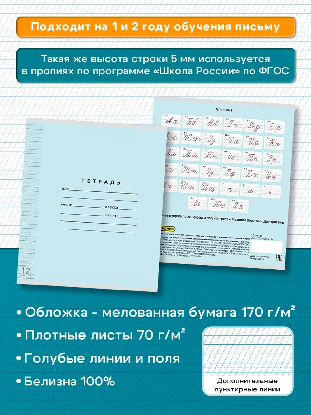 Набор тетрадей ТЕТРАДКИН, частая косая линия 5 мм, 12 л, цвет обложки - голубой, 50 шт