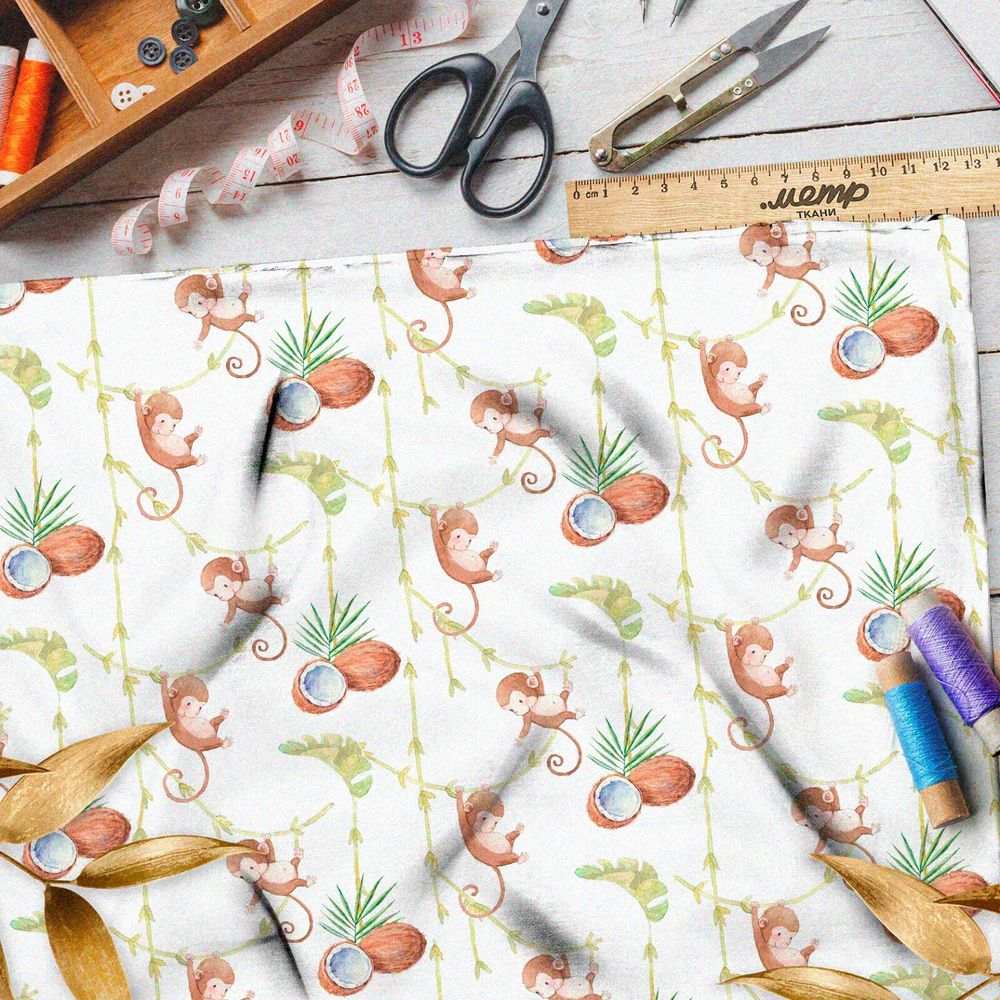Ткань дюспо весёлые обезьянки и кокосы