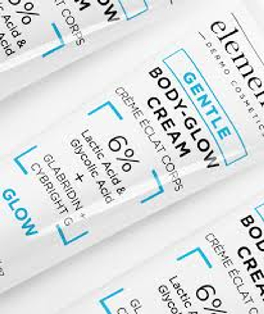Крем для тела «Сияние» GENTLE BODY GLOW - 6% Lactic & Glycolic Acid 120 ml. от Elementrè Dermo Cosmetics, Швейцария, для коррекции таких состояний, как фолликулярный гиперкератоз (гусиная кожа), высыпания на теле и неровная текстура в зонах локтей и коленей.