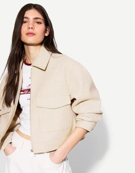 BERSHKA Мягкая укороченная куртка на молнии, экрю