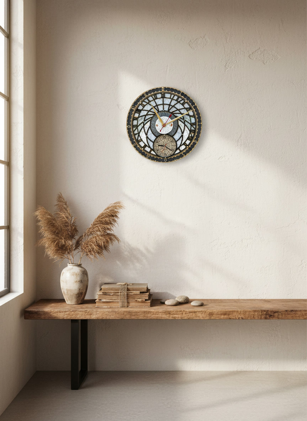 Настенные деревянные часы WOODandROOT «Башня Волшебника» с двойным циферблатом, висящие над полкой в светлом спокойном интерьере.