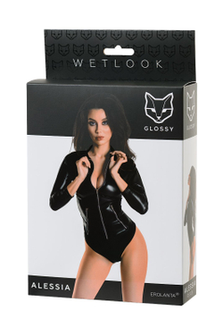 Glossy Alessia - Боди из материала Wetlook на молнии, черное, XL
