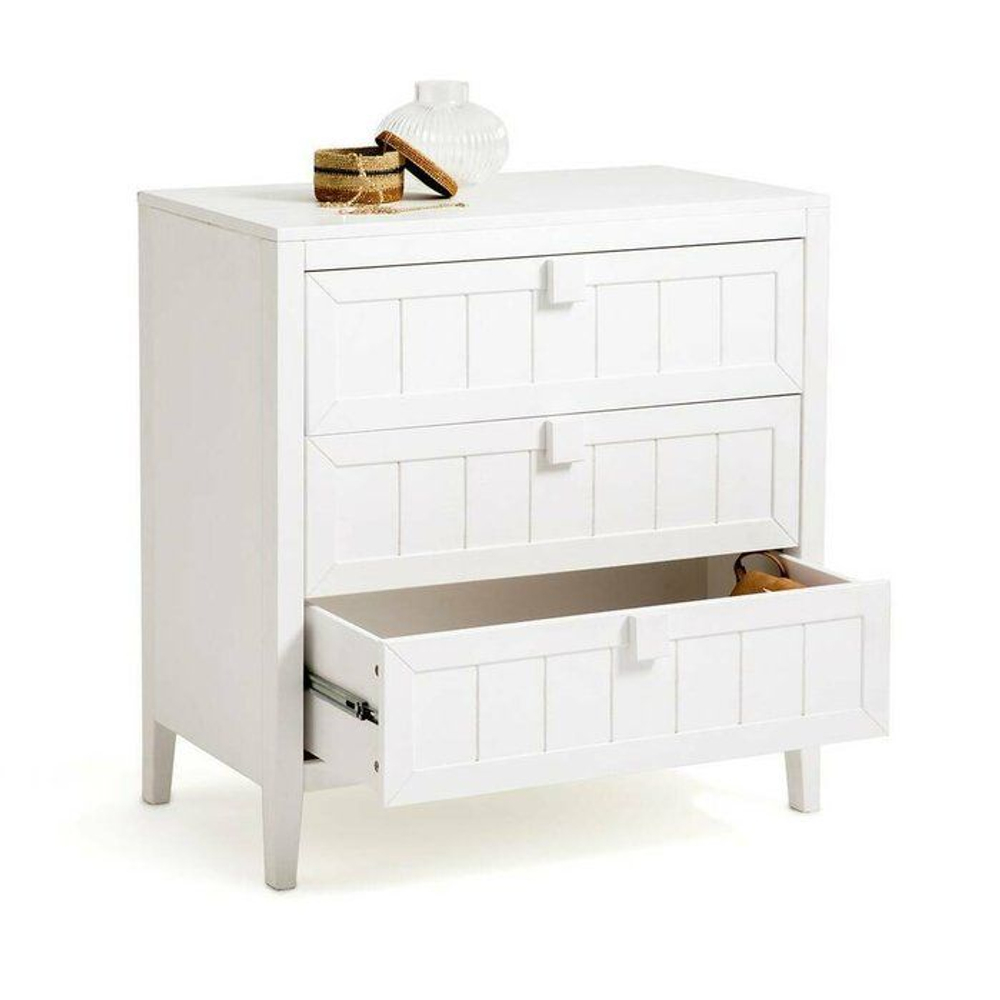 Комод 75х35х90, Карлос, с 3 ящиками для одежды, дизайнерский, в прихожую, спальню, детскую, массив сосны, белый воск, Dipriz