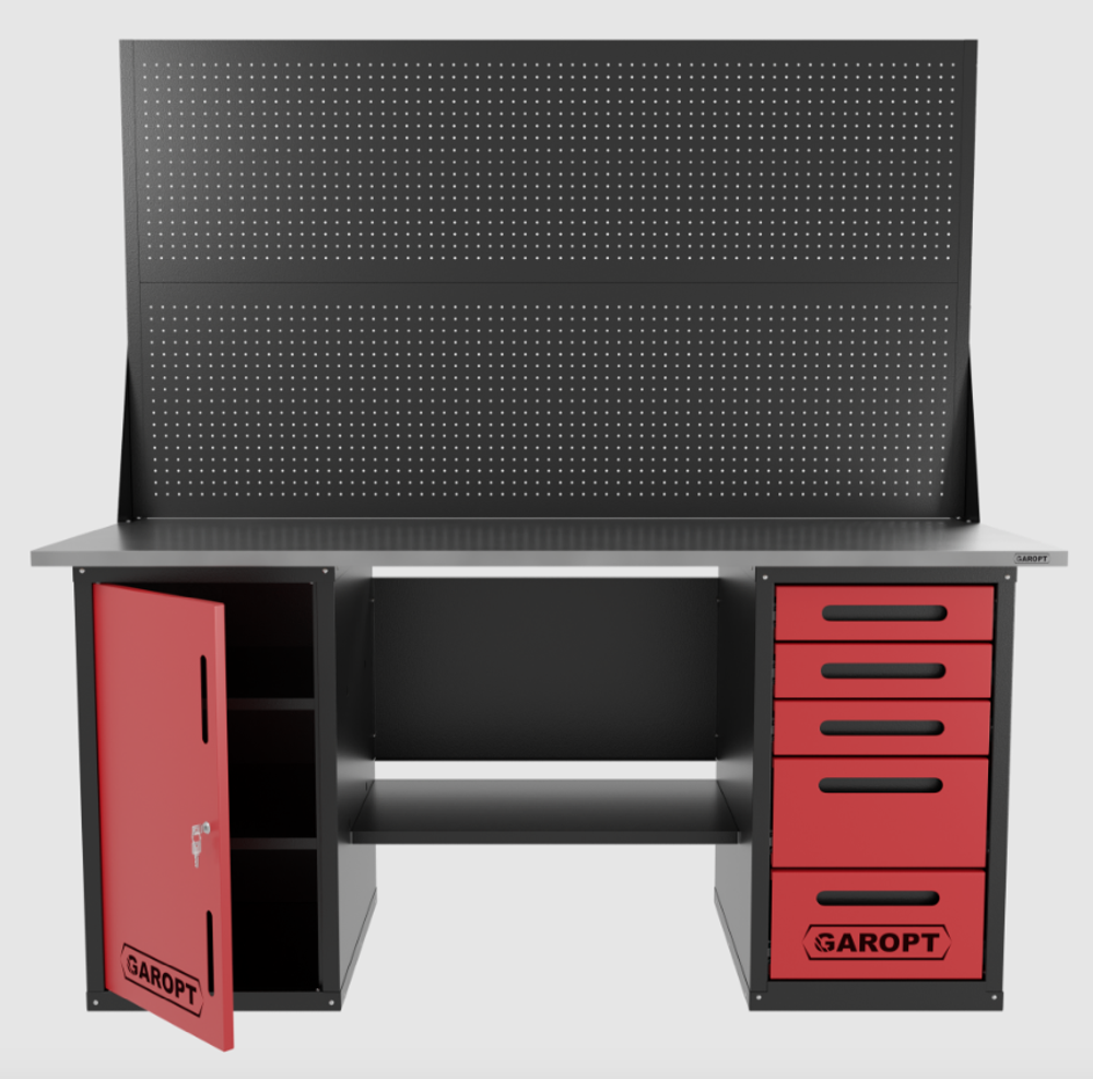 Верстак двухтумбовый дверь/5 ящиков с двумя экранами, красный 1800*700 Garopt, GT1800DY5PP2.red