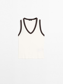 Massimo Dutti Футболка из 100% хлопка с V-образным вырезом, натуральный, кремовый