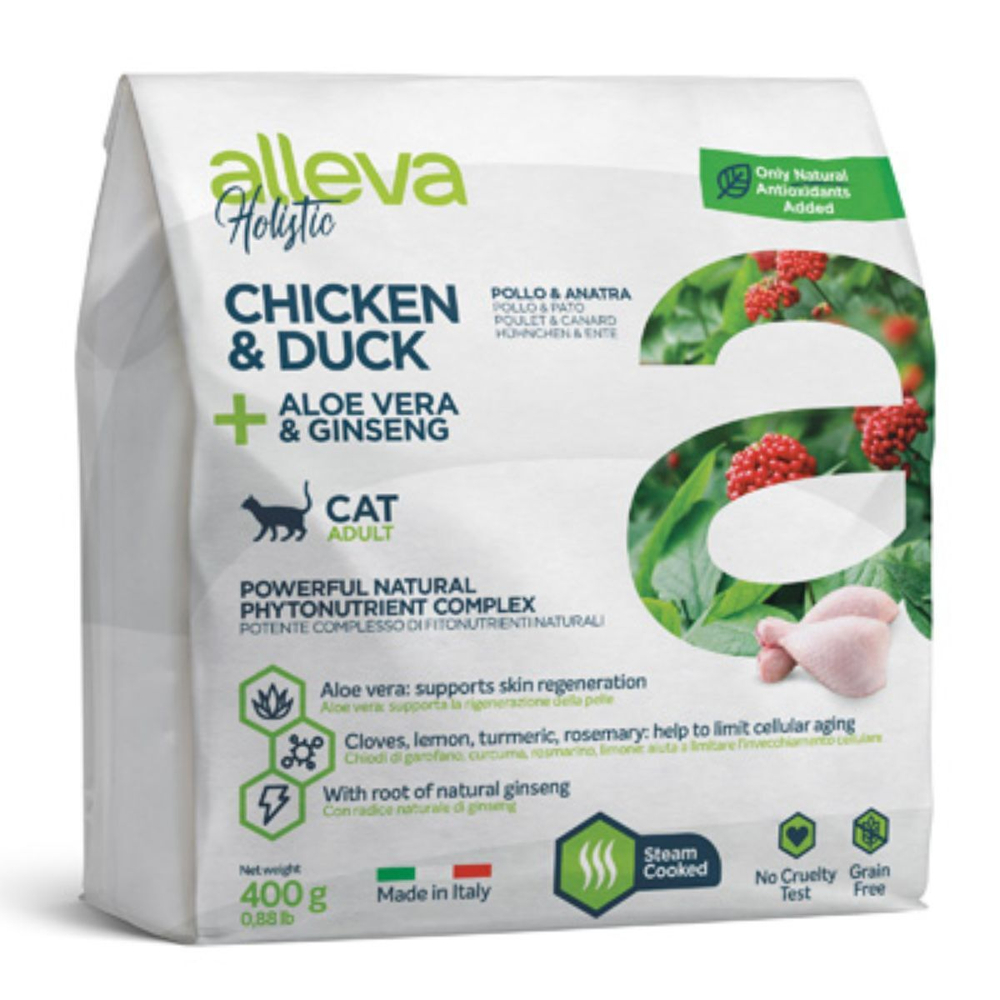 Корм Аллева Холистик Holistic Chicken & Duck + Aloe vera & Ginseng для взрослых кошек, с курицей и уткой, алое вера и женьшенем, 0,4 кг