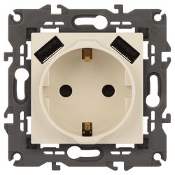 Розетка ЭРА Elegance 14-4109-02 2P+E 16A-250В штор. с 2xUSB 5В-3А слоновая кость