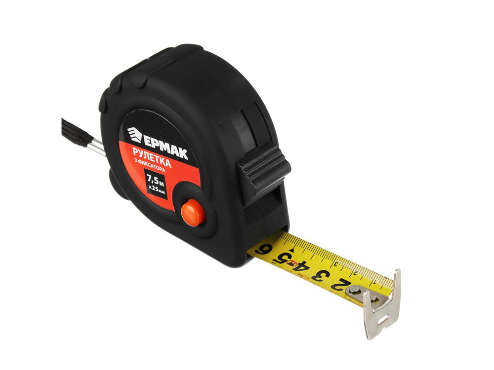 Рулетка 7,5м*25мм ЕРМАК Черная 3 фиксатора